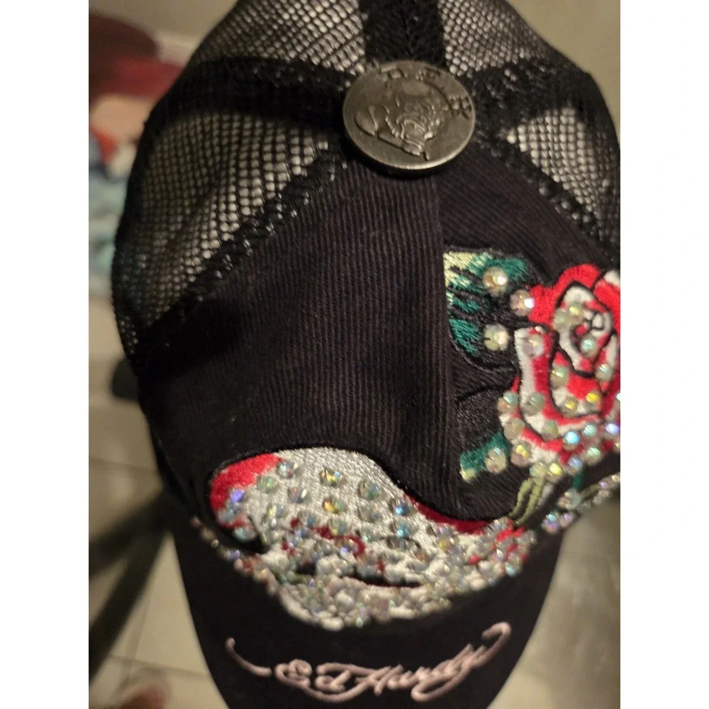 VTG Y2K Ed Hardy Rhinestones With Rose Love Kills Slowly Trucker Hat Snapback